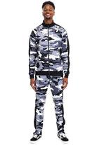 WEIV camo track pants with stripe for men, paired with matching jacket and stylish sneakers