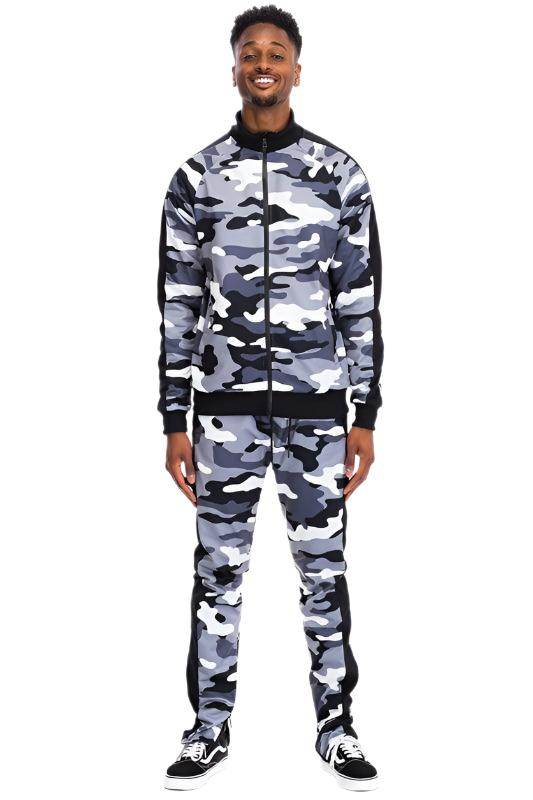 WEIV camo track pants with stripe for men, paired with matching jacket and stylish sneakers