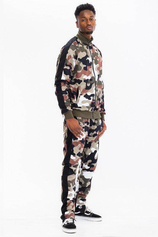 Stylish WEIV camo track pants with stripe for a modern athletic look.