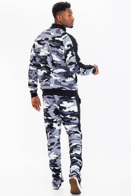 Men's WEIV camo track pants with stripe and matching jacket for stylish athletic wear