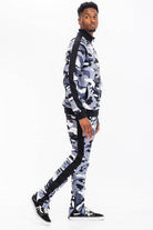 Men's WEIV camo track pants with stripe, offering a stylish athletic look and comfortable fit