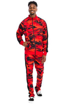 Men's camo track pants with stripe in red and black pattern for casual wear and sports activities