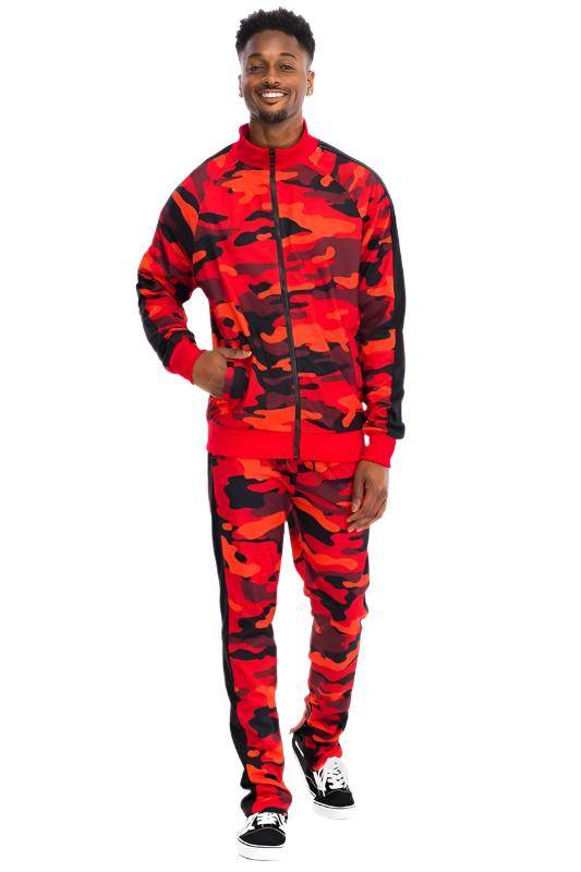 Men's camo track pants with stripe in red and black pattern for casual wear and sports activities