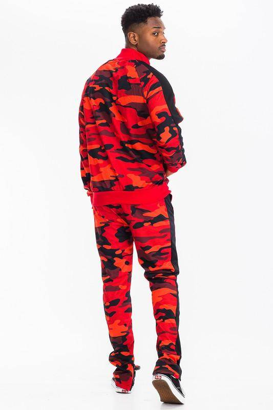 Men's WEIV camo track pants with stripe in red and black design for a stylish athletic look