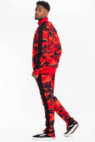 Men's WEIV camo track pants with stripe in red and black for casual and sporty looks