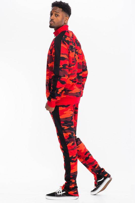 Men's WEIV camo track pants with stripe in red and black for casual and sporty looks