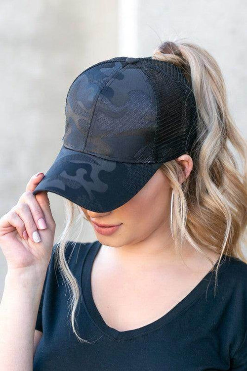 Aili's Corner camouflage messy bun cap designed for stylish convenience and comfort