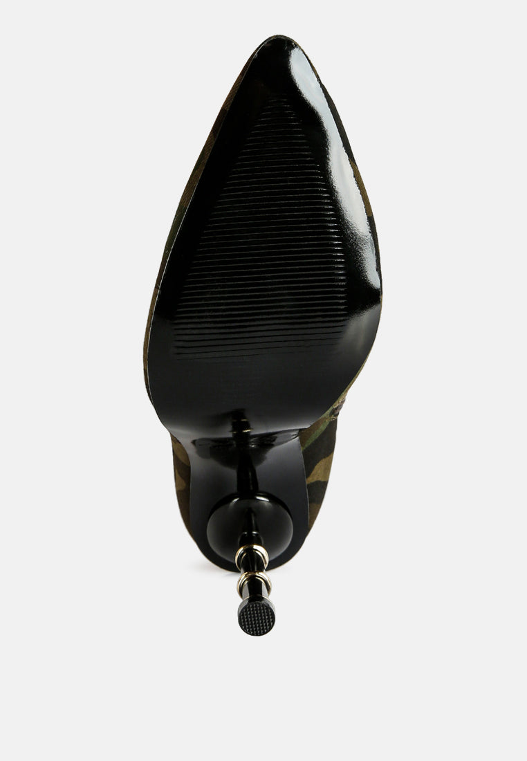 Camouflage stiletto ankle boots with sleek pointed toe and stylish heel detail