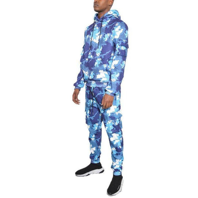 WEIV camouflage tracksuit for men in blue and white hues with a stylish hoodie and jogger pants