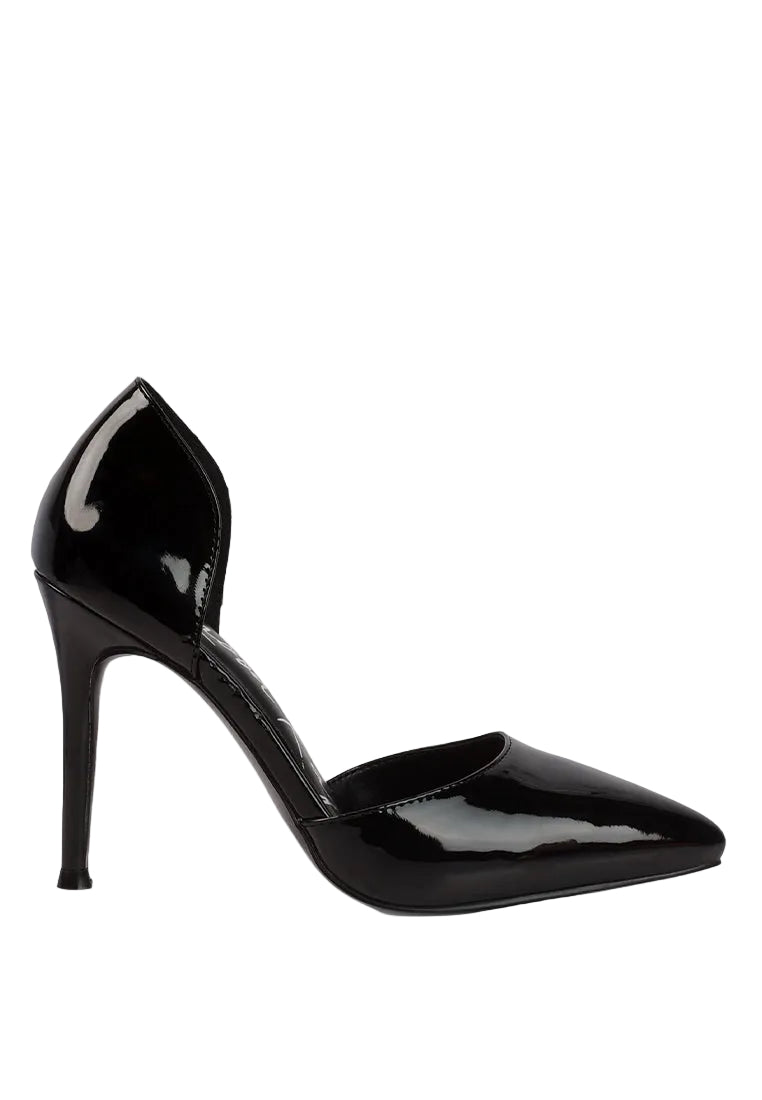 Black patent high-heeled shoe on a white background