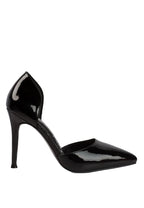 Black patent high-heeled shoe on a white background
