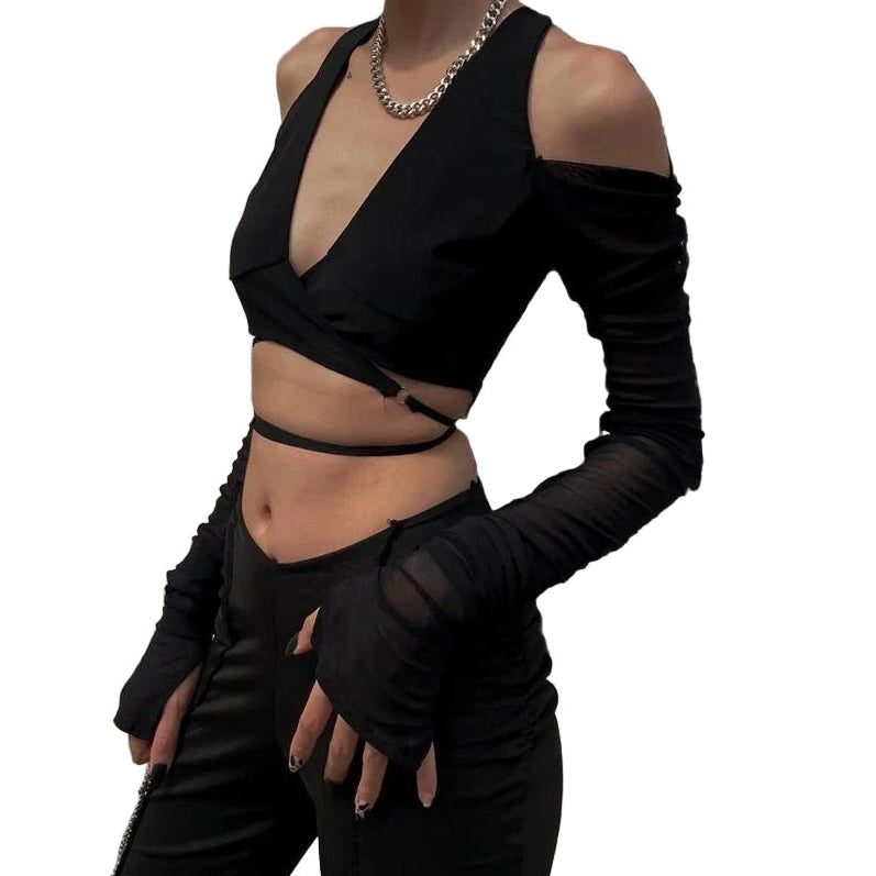 Black sheer streetwear crop tee for women with cut-out shoulders and long mesh sleeves