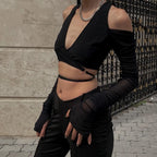 Black sheer streetwear crop tee for women with cold shoulder and long mesh sleeves