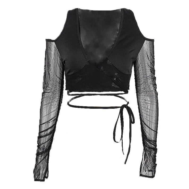 Black sheer streetwear crop tee for women with long mesh sleeves and wrap tie detail