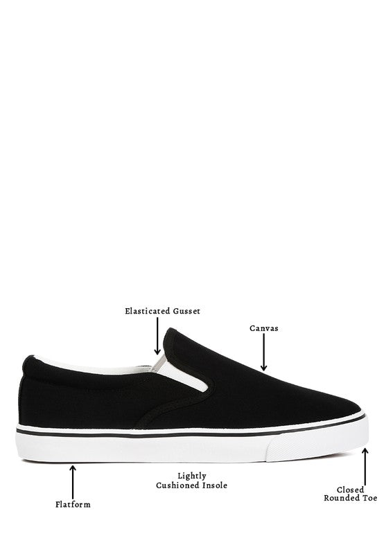 Rag Company women’s black canvas slip on sneakers with elasticated gusset and cushioned insole