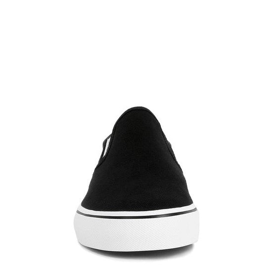 Rag Company black canvas slip on sneakers with white rubber sole front view
