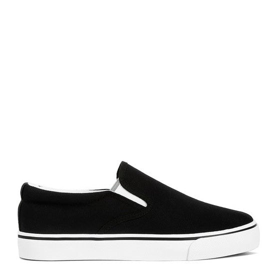 Rag Company women's black canvas slip on sneakers with white rubber sole and low profile design
