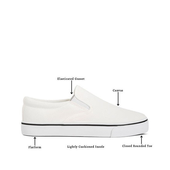 Rag Company women's white canvas slip on sneakers with flat platform and cushioned insole