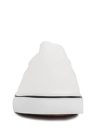 Rag Company white canvas slip on sneakers for women front view with black trim on sole