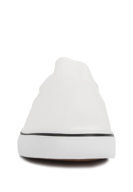 Rag Company white canvas slip on sneakers for women front view with black trim on sole