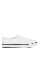 Rag Company white canvas slip on sneakers for women with low profile and black trim sole