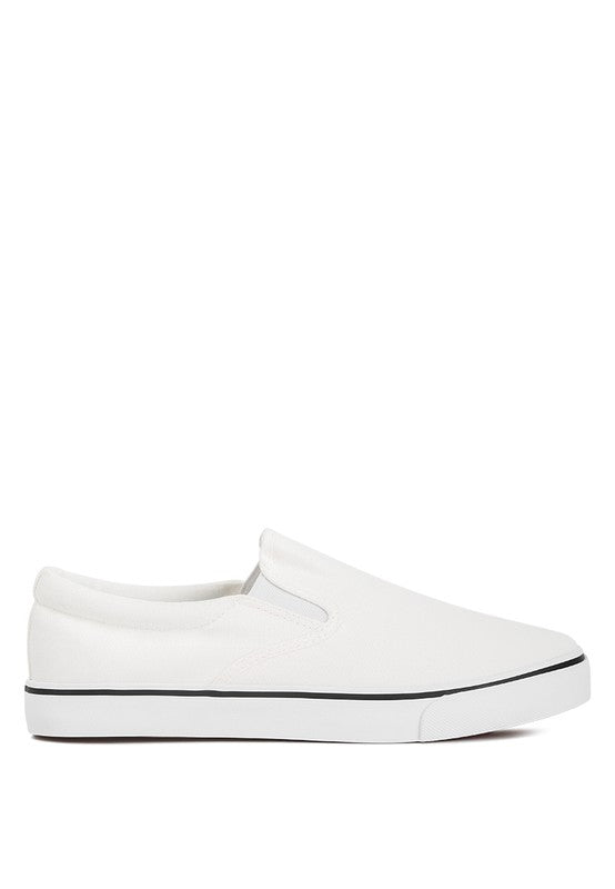Rag Company white canvas slip on sneakers for women with low profile and black trim sole