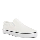Rag Company white canvas slip on sneakers for women with cushioned sole and black stripe detail