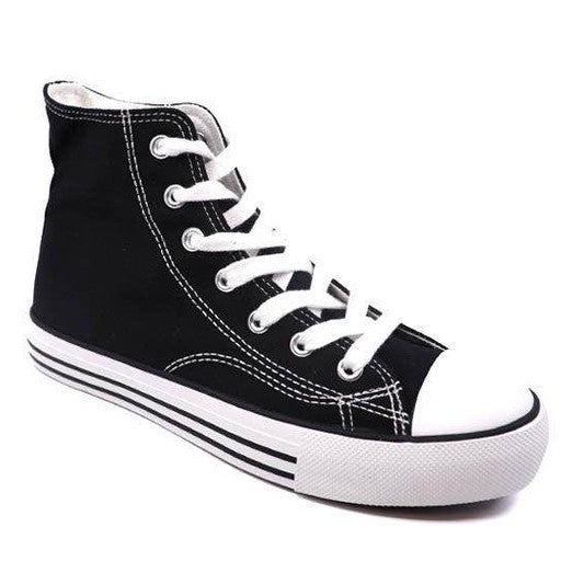 Black high-top canvas sneakers with patterns featuring classic design and white laces