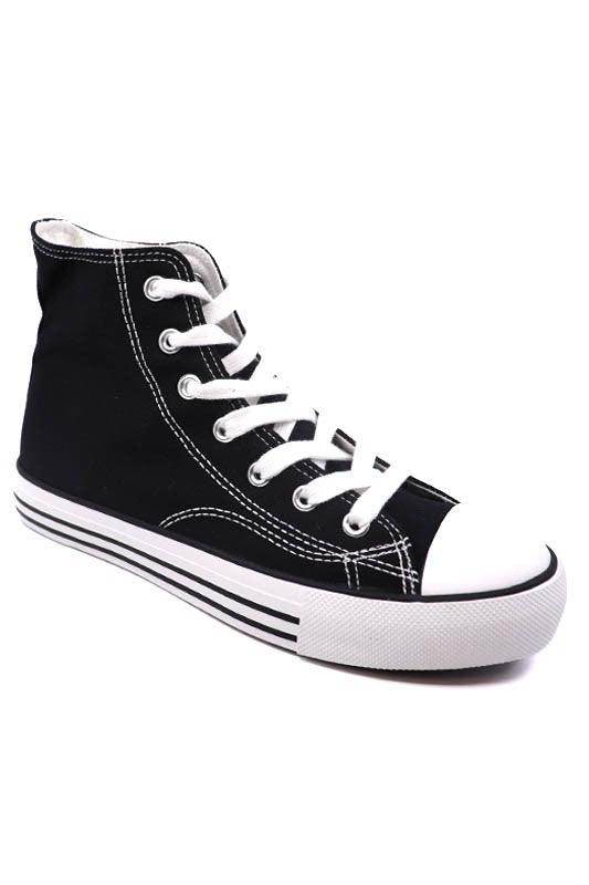 Black high-top canvas sneakers with patterns featuring classic design and white laces