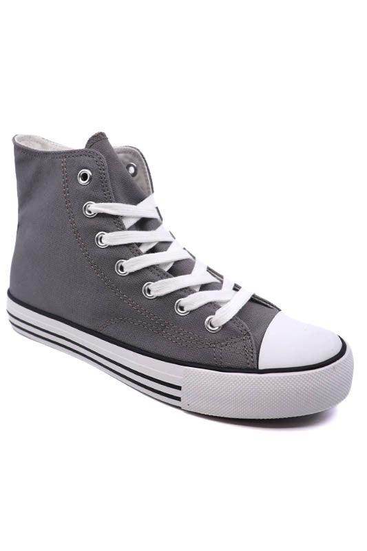 Stylish gray high-top canvas sneakers with patterns for women with lace-up design