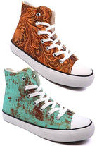 Stylish women's canvas sneakers with patterns in brown and teal designs for casual wear