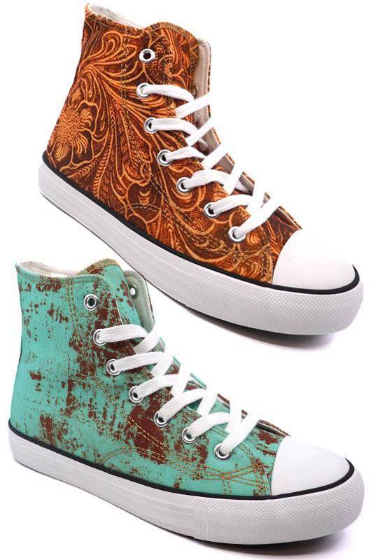 Stylish women's canvas sneakers with patterns in brown and teal designs for casual wear