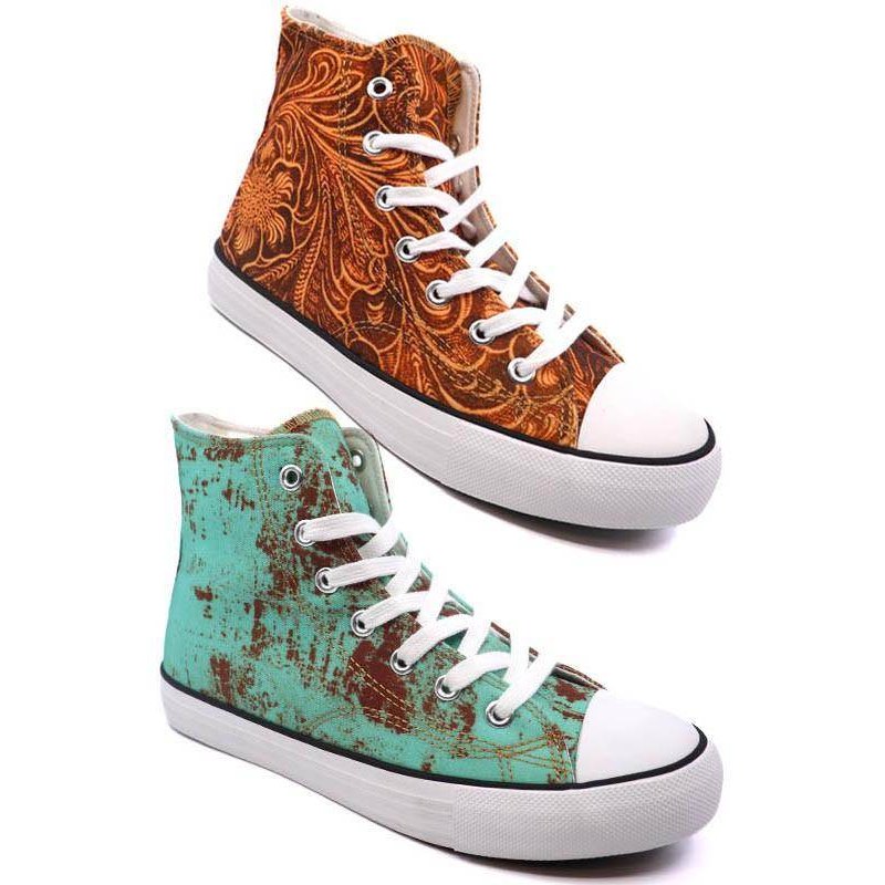 Stylish women's canvas sneakers with patterns in brown and teal designs for casual wear
