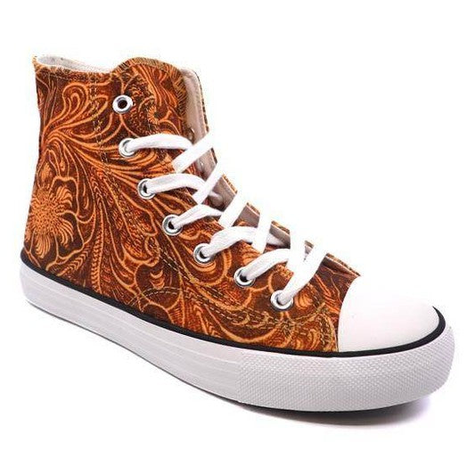 Stylish women's canvas sneakers with patterns in orange and brown featuring a high-top design