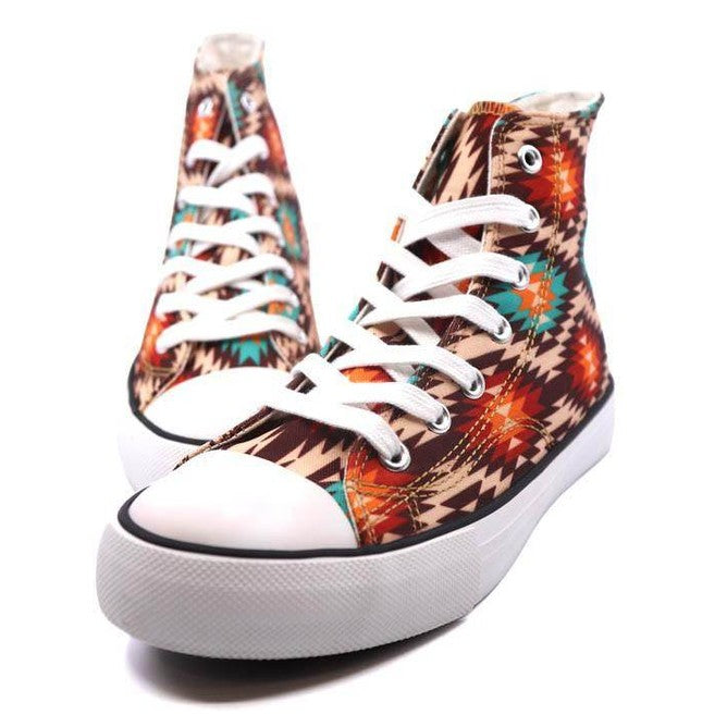 Stylish women's canvas sneakers with patterns featuring colorful tribal designs and white laces