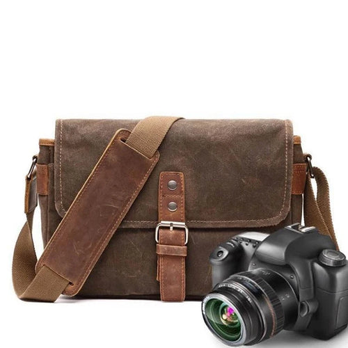 Brown canvas totes bag with adjustable strap for photography gear