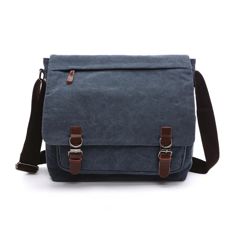Blue canvas totes bag with adjustable strap and stylish buckles