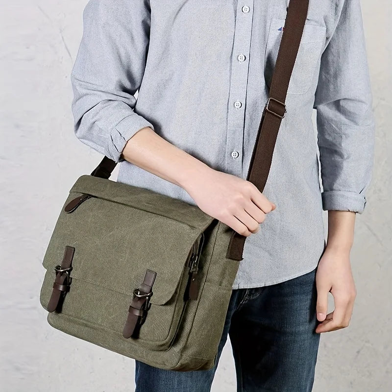 Men's olive canvas totes bag for everyday use with shoulder strap
