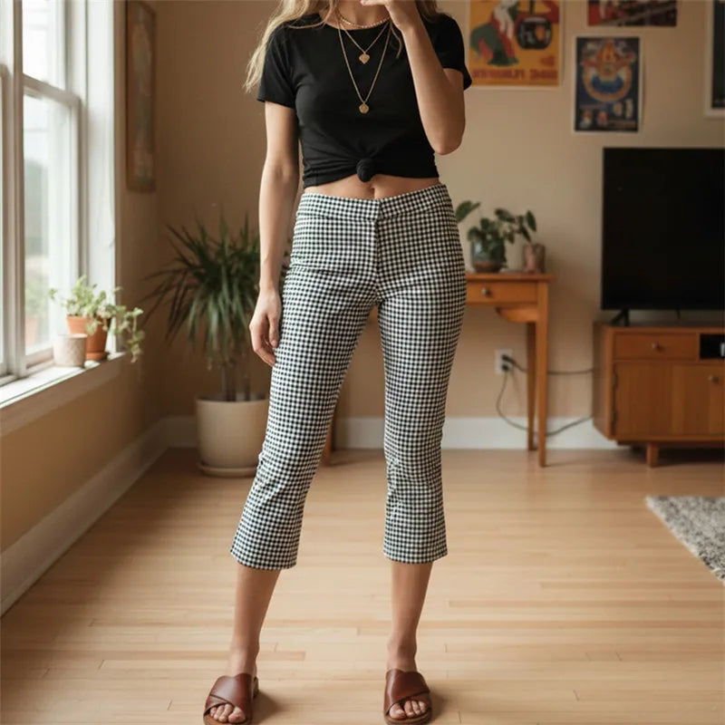 Women's checkered capri dress pants, stylish and versatile for casual wear