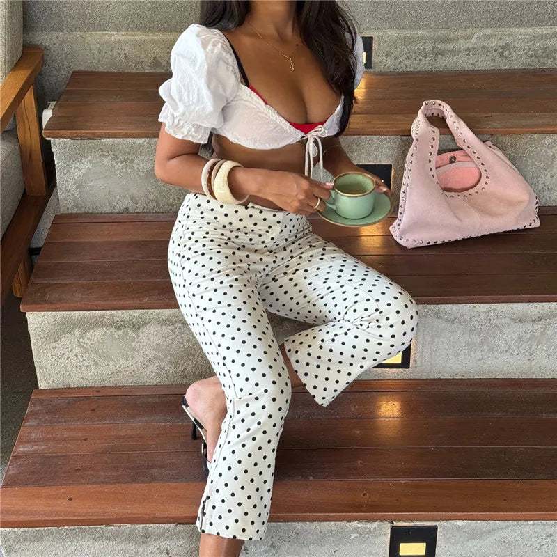Women's polka dot capri dress pants, stylish for casual outings
