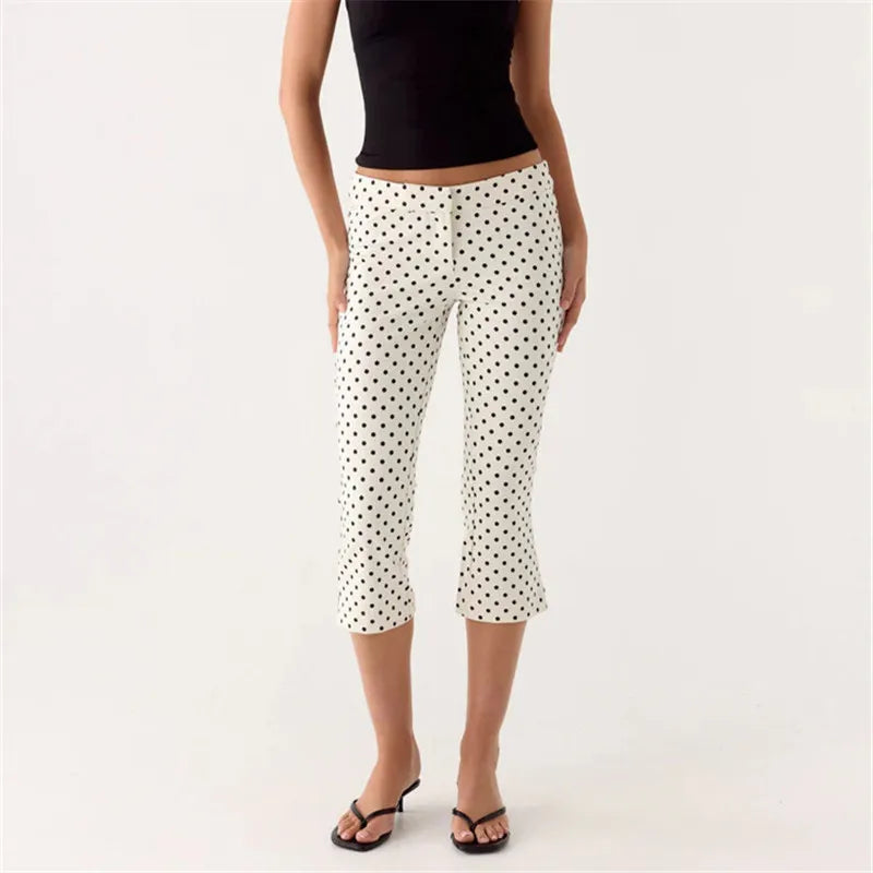 Women's white polka dot capri dress pants for casual wear