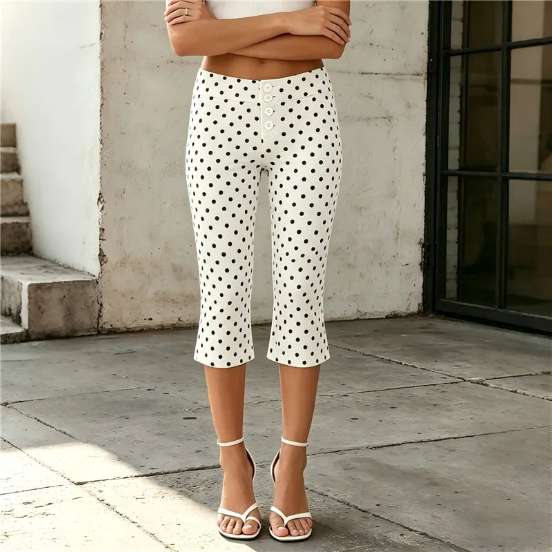 Women's white polka dot capri dress pants for casual outings