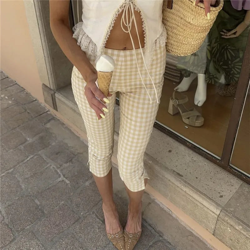 Women's yellow gingham capri dress pants for casual summer outings