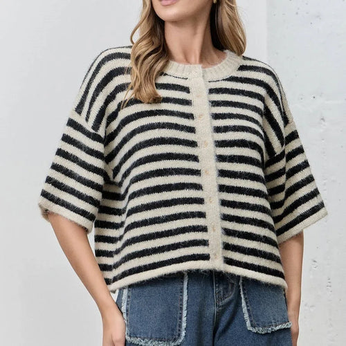 Striped cardigan sweater for women, cozy knit for casual outings