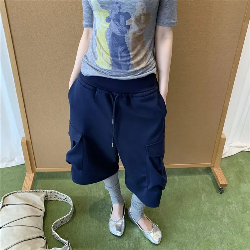 Women's navy cargo joggers, lightweight fabric, casual wear