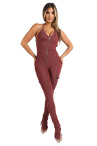 Women's burgundy cargo pocket halter jumpsuit with zip closure for stylish summer wear
