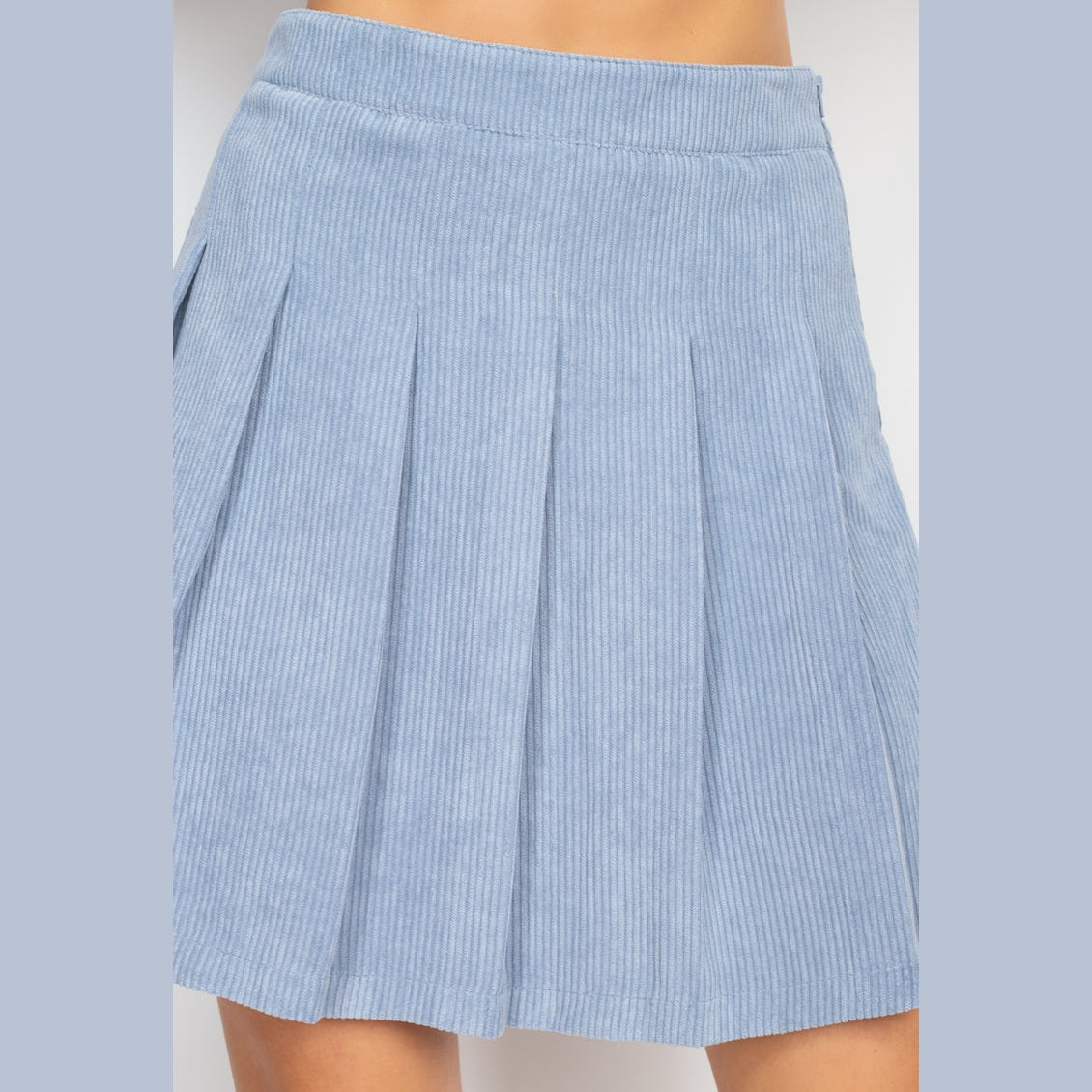 Light blue casual A-line corduroy skirt with pleated design for women by VacationGrabs