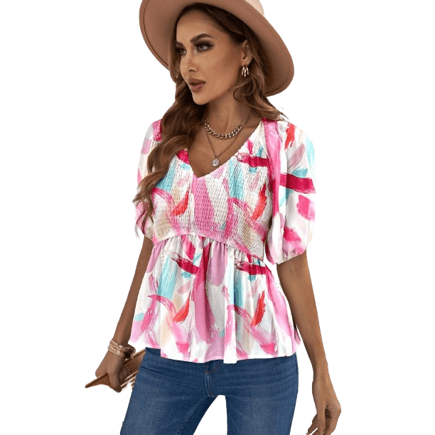 Trendsi Women's Casual Beachwear Blouse with Colorful Print and Puff Sleeves for Stylish Summer Outfits