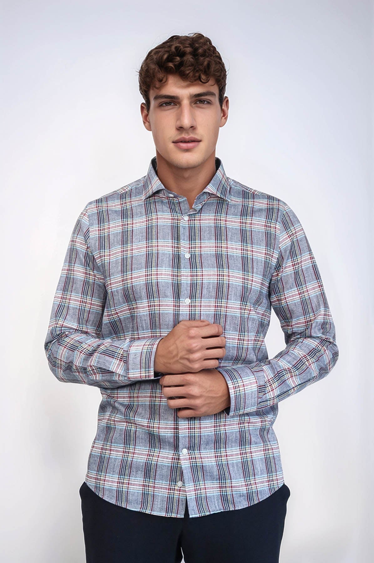 Casual Blue Plaid Shirt – close up view