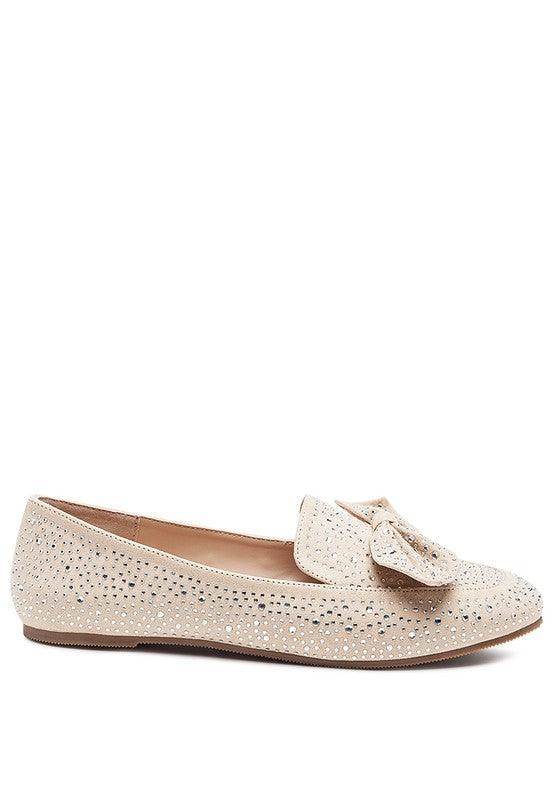 Rag Company Women's Casual Bow Loafers in Beige with Sparkling Detail for Comfortable Everyday Wear